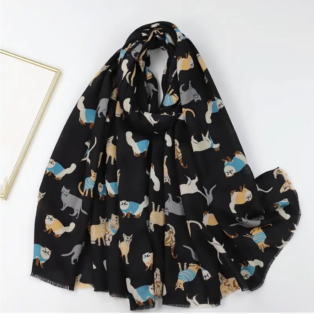 Cartoon Kitty Cat Long Rectangular Cotton Scarf, Black